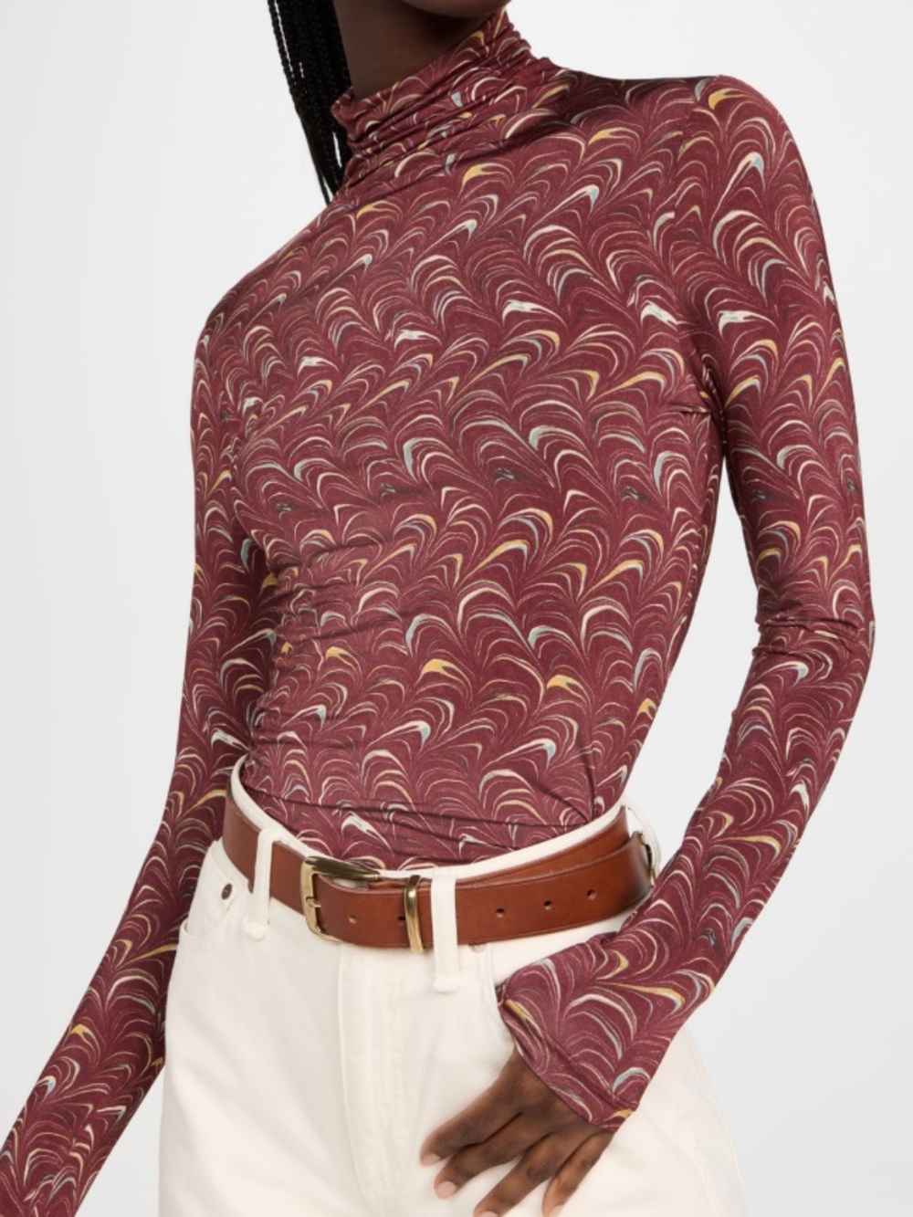 Ulla Johnson Aurelia Maroon Swirl Mock Neck Long-Sleeve Top